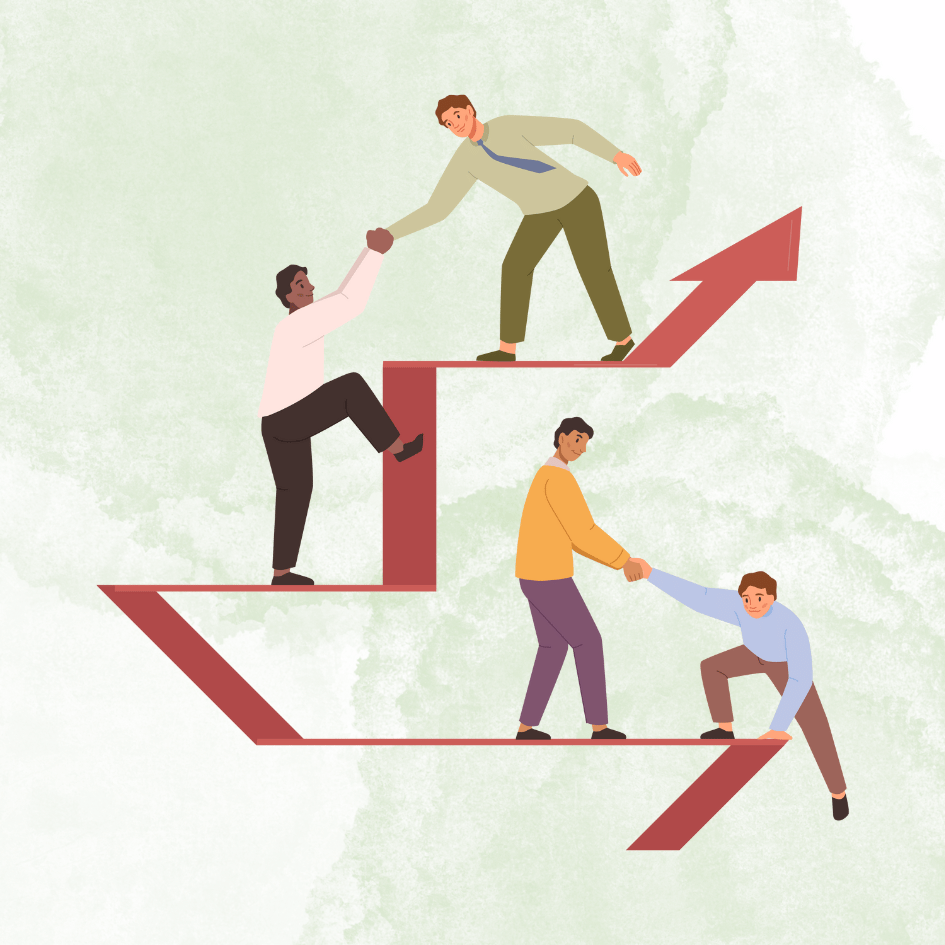 Grupa ludzi wspinających się dzięki pomocy lidera – ilustracja wsparcia i budowania kultury dbania o zdrowie psychiczne w pracy