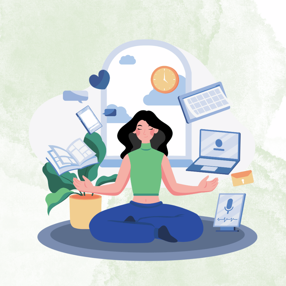 Osoba trzymająca w równowadze symbole pracy i życia prywatnego – ilustracja work-life balance