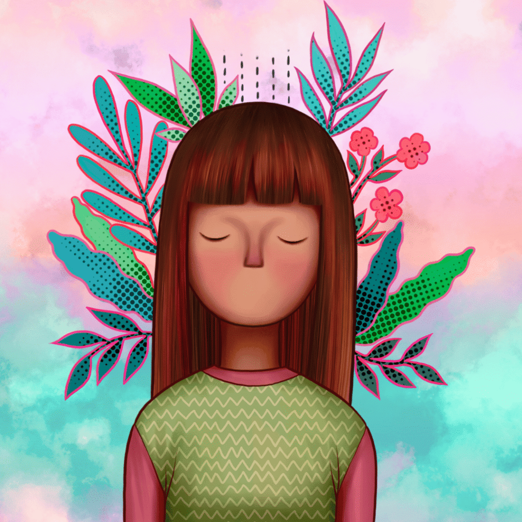 Ilustracja osoby z roślinami wyrastającymi z głowy – symbol wzrostu, emocji i uważności. Jasne, kolorowe barwy, psychologia i uważność (mindfulness).