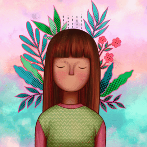 Ilustracja osoby z roślinami wyrastającymi z głowy – symbol wzrostu, emocji i uważności. Jasne, kolorowe barwy, psychologia i uważność (mindfulness).