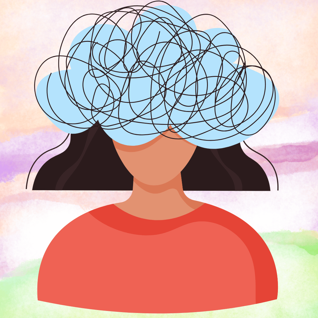 Postać z kłębiącymi się myślami w głowie – metafora trudnych myśli i emocji, które można zauważać i oswajać z pomocą uważności oraz psychologa.