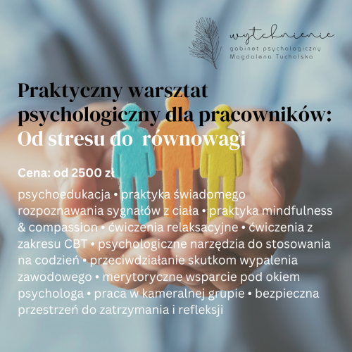Ulotka warsztatu psychologicznego Od stresu do równowagi – Bydgoszcz, informacje o cenie, tematach spotkania i korzyściach dla pracowników